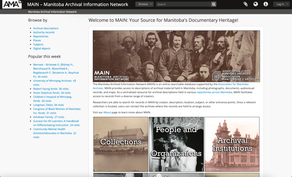 Screenshot of MAIN - Manitoba Archival Information Network website home page