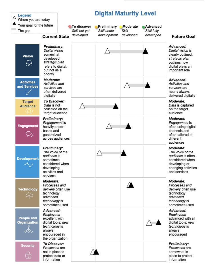 Table listing categories of digital use, and assessment of current state and future goals