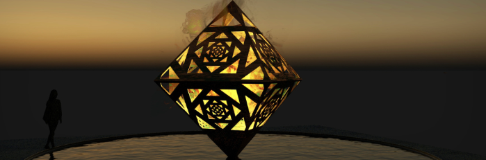 Octahedron vessel filled with fire above a circular pool of water and the shadow of a person walks nearby